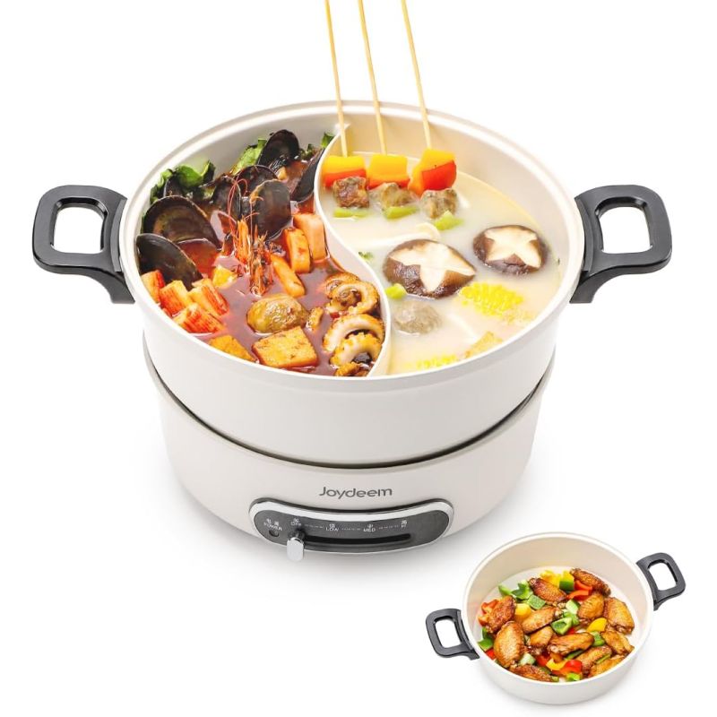 Joydeem JD-HG3706W 1400W Electric Shabu Shabu Hot Pot - Two Removable Non-stick Ceramic Coating Pots (3.7 Qt/3.5 Liters)